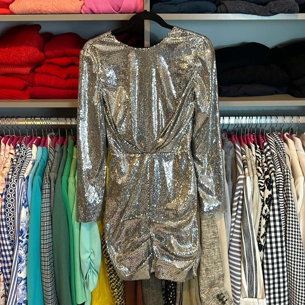 MSGM silver sequin long sleeve v back mini dress size 6 (runs small) NWT